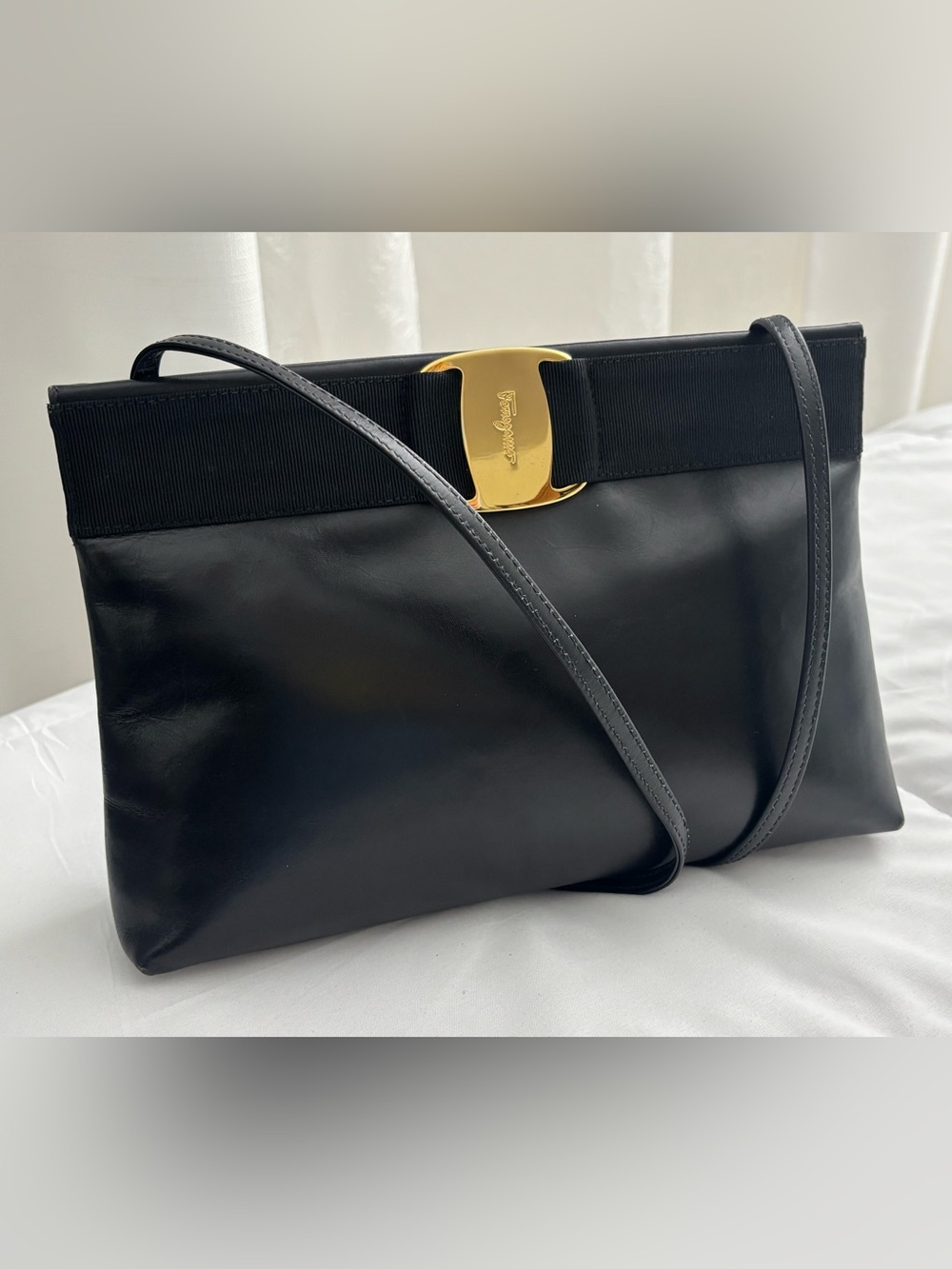 Salvatore Ferragamo VTG Black Leather Shoulder Bag/clutch, Gold Hardware. VGVC